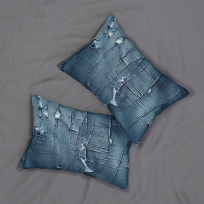 Distressed Blue Denim-Look: Edgy, Torn Fabric Design - Spun Polyester Lumbar Pillow