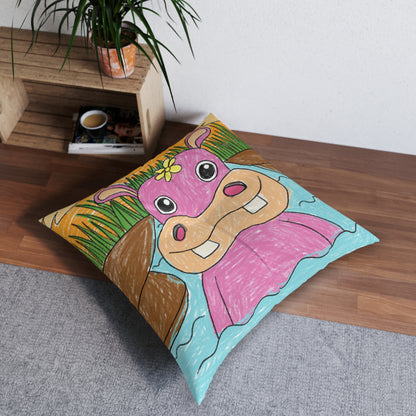 Hippo Hippopotamus Animal Creature Graphic Tufted Floor Pillow, Square