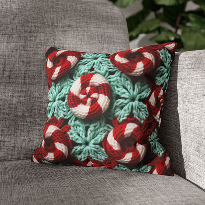 Christmas Crochet Candy Cane - Pepper Red Crystal White Holiday Pattern - Spun Polyester Square Pillow Case