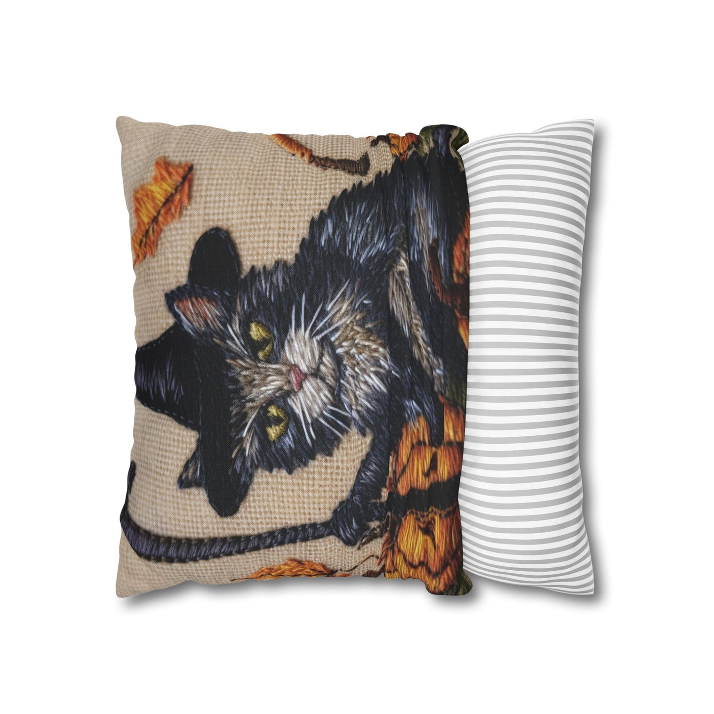 Halloween Cat Magic: Embroidered Style Feline with Pumpkins & Witch Hat - Spun Polyester Square Pillow Case