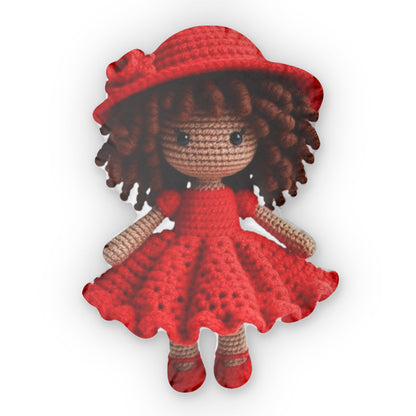 Black Lady Crimson Crochet Doll with Curly Locks - Amigurumi Character in Red Dress, Shaped Pillow