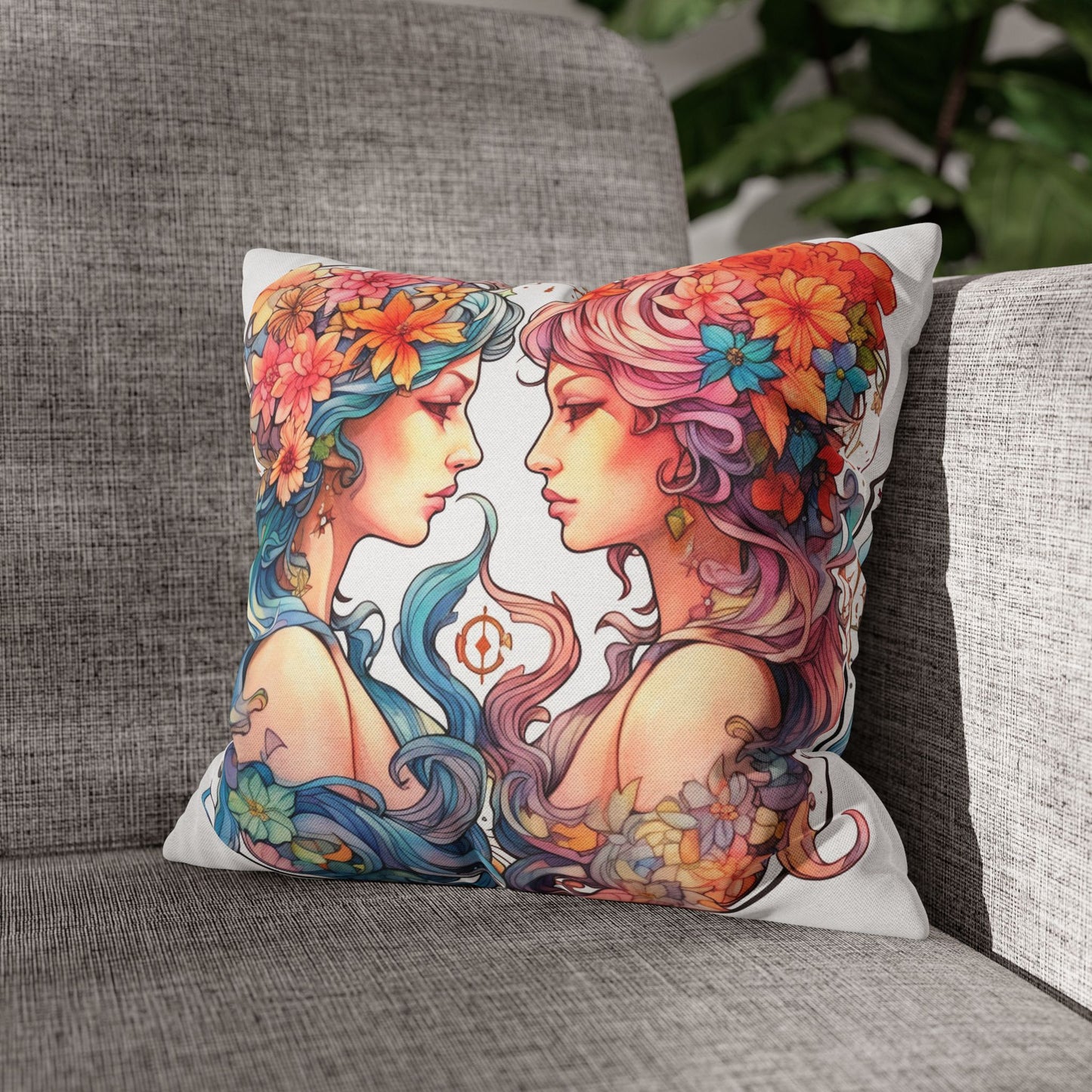 Zodiac Gemini Clipart - Twins Symbol, Whimsical Comic Style - Spun Polyester Square Pillow Case