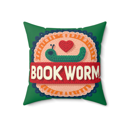 Crochet Bookworm Illustration: Cozy Reader Embroidered Patch Design - Ideal for Bibliophile - Spun Polyester Square Pillow