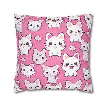 Adorable Cartoon-Style Anime Kitten, Cat, Kitty Pattern - Cute and Colorful - Spun Polyester Square Pillow Case