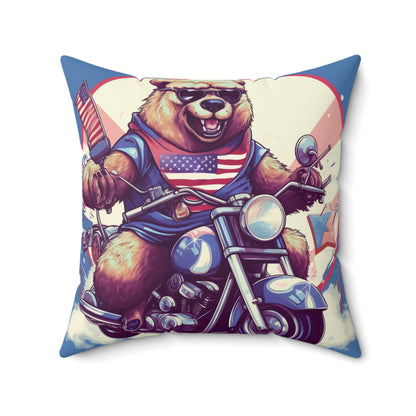 Roaring American Pride: Patriotic Bear 4th of July Motorcycle Adventure Spun Polyester Square Pillow