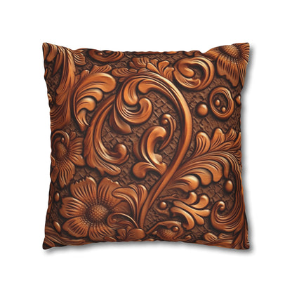 Leather Flower Cognac Classic Brown Timeless American Cowboy Design - Spun Polyester Square Pillow Case