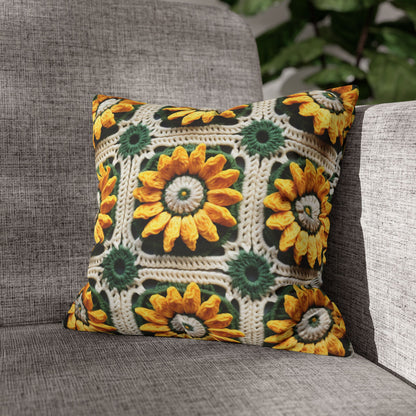 Sunflower Crochet Elegance, Granny Square Design, Radiant Floral Motif. Bring the Warmth of Sunflowers to Your Space - Spun Polyester Square Pillow Case