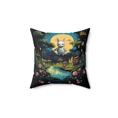 White Rabbit Mystery Psychedelic Fantasy Anime Cartoon Bunny - Spun Polyester Square Pillow