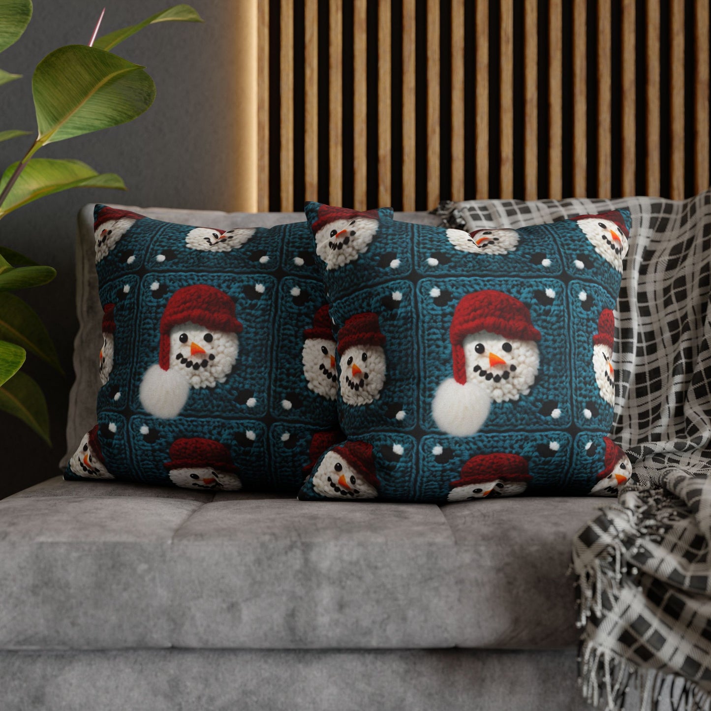 Snowman Crochet Craft, Festive Yuletide Cheer, Winter Wonderland - Spun Polyester Square Pillow Case