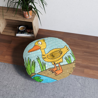 Yellow Duck Bird Pond Tufted Floor Pillow, Round