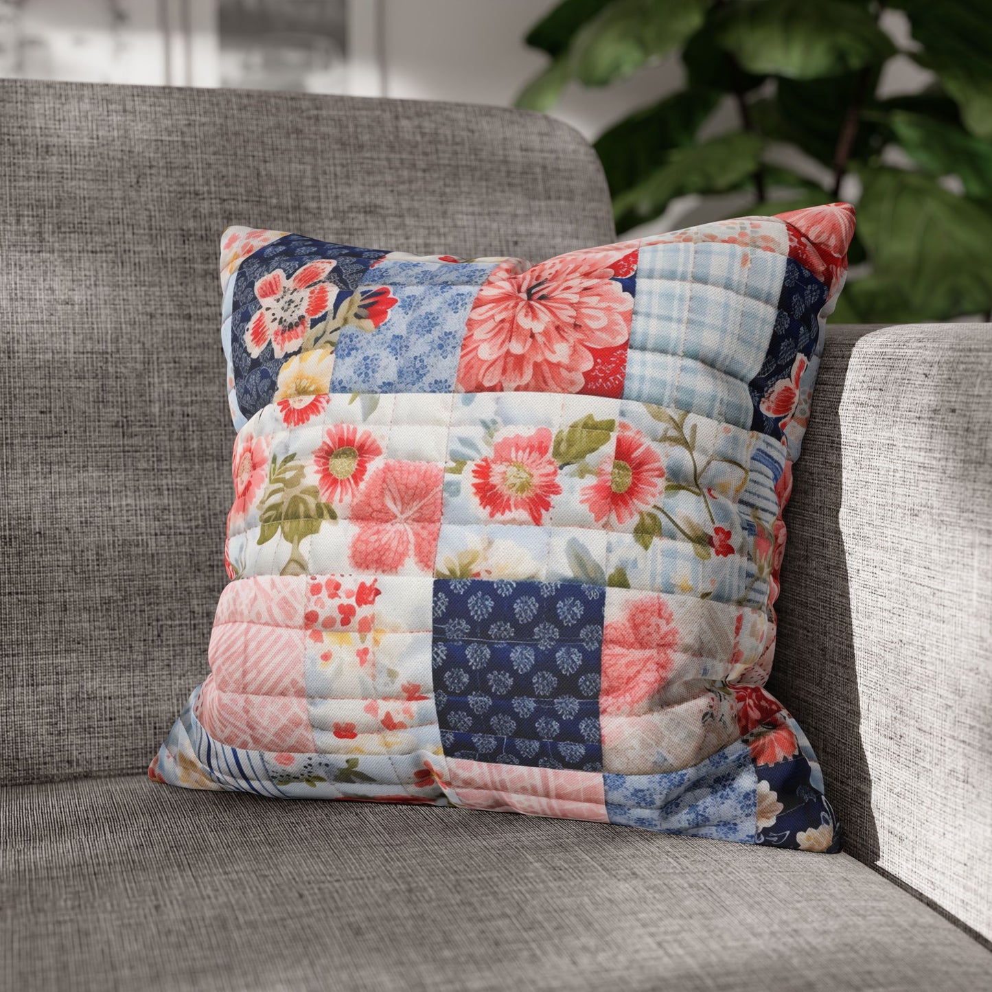 Floral Harmony Quilt, Blossom Patchwork, Blue and Pink Quilted Patterns, Garden Quilt, Soft Pastel Quilting Squares Design - Spun Polyester Square Pillow Case