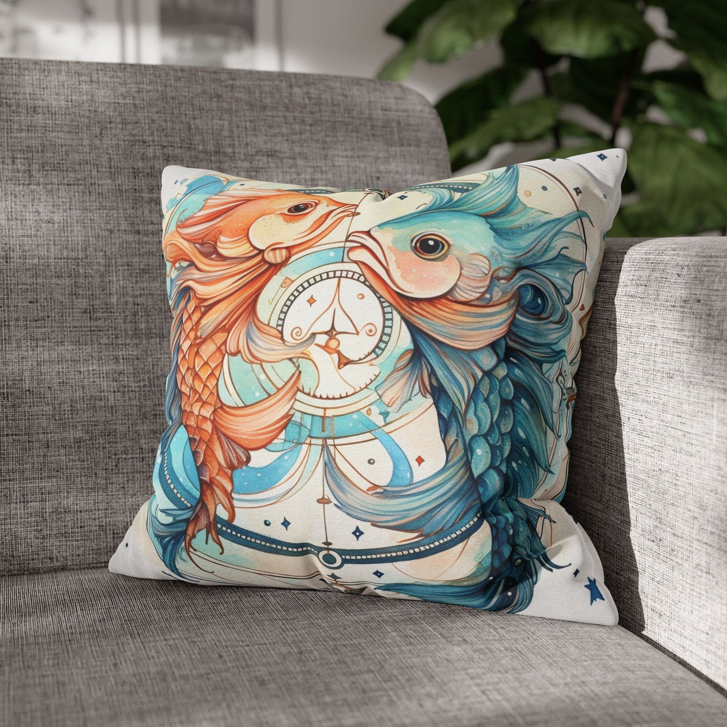 Pisces Zodiac Horoscope - Starry Watercolor & Ink, Hyper-Detailed Fish Spun Polyester Square Pillow Case