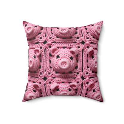 Crochet Pig Farm Animal Pink Snout Piggy Pattern - Spun Polyester Square Pillow