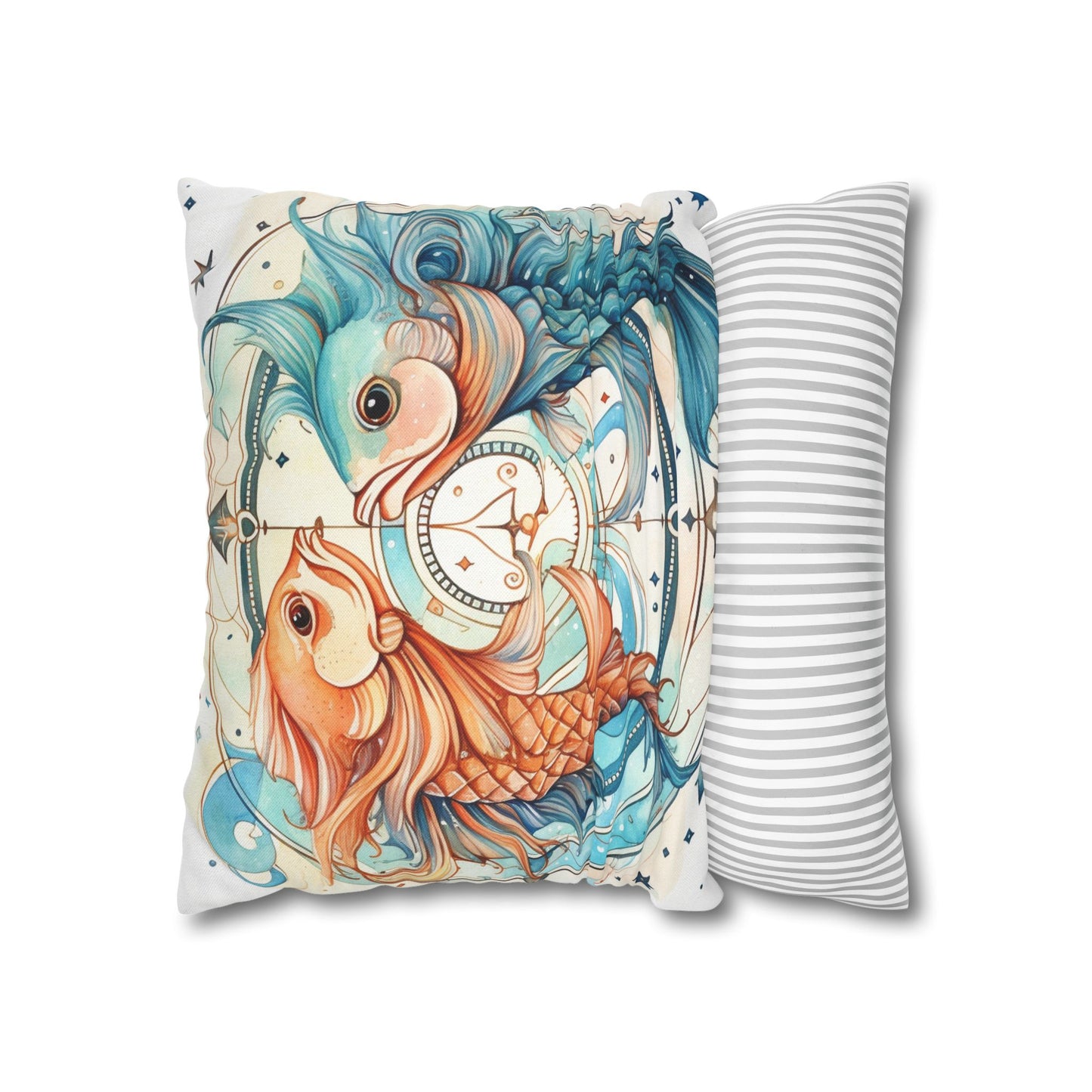 Pisces Zodiac Horoscope - Starry Watercolor & Ink, Hyper-Detailed Fish Spun Polyester Square Pillow Case