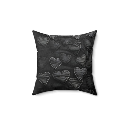 Black: Distressed Denim-Inspired Fabric Heart Embroidery Design - Spun Polyester Square Pillow