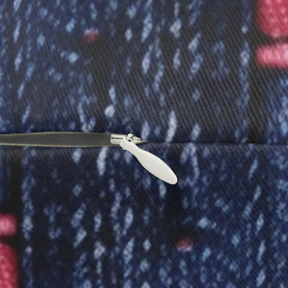 Candy-Striped Crossover: Pink Denim Ribbons Dancing on Blue Stage - Spun Polyester Lumbar Pillow