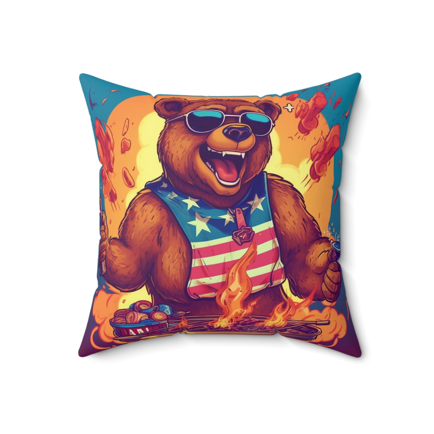 Grill Like a Patriot: Celebrate 4th of July with Patriotic Bear's Culinary Chef Spun Polyester Square Pillow