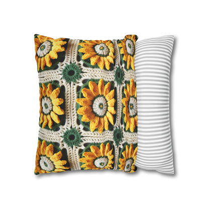 Sunflower Crochet Elegance, Granny Square Design, Radiant Floral Motif. Bring the Warmth of Sunflowers to Your Space - Spun Polyester Square Pillow Case