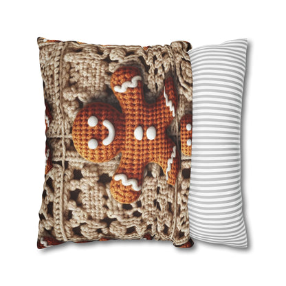 Rustic Gingerbread Delights: Christmas Crochet Gingerbread Men on Classic Beige Granny Squares - Spun Polyester Square Pillow Case