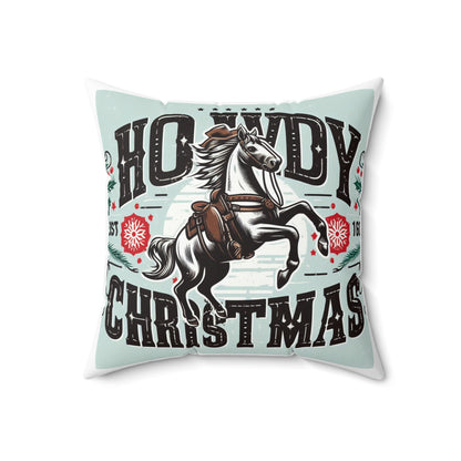 Yuletide Greetings Cowboy Style - Festive Howdy Christmas with Prancing Horse and Snowflake - Spun Polyester Square Pillow