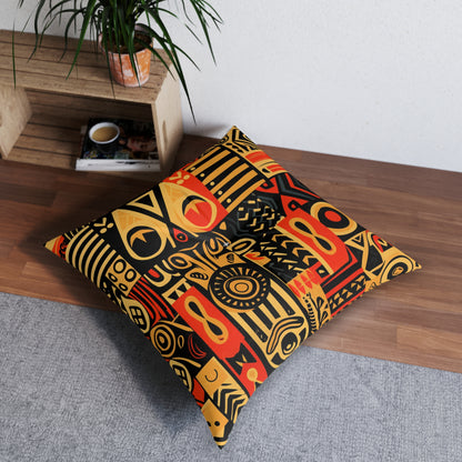 Tribal Art-Inspired Abstract Symbols, Heritage - Tufted Floor Pillow, Square