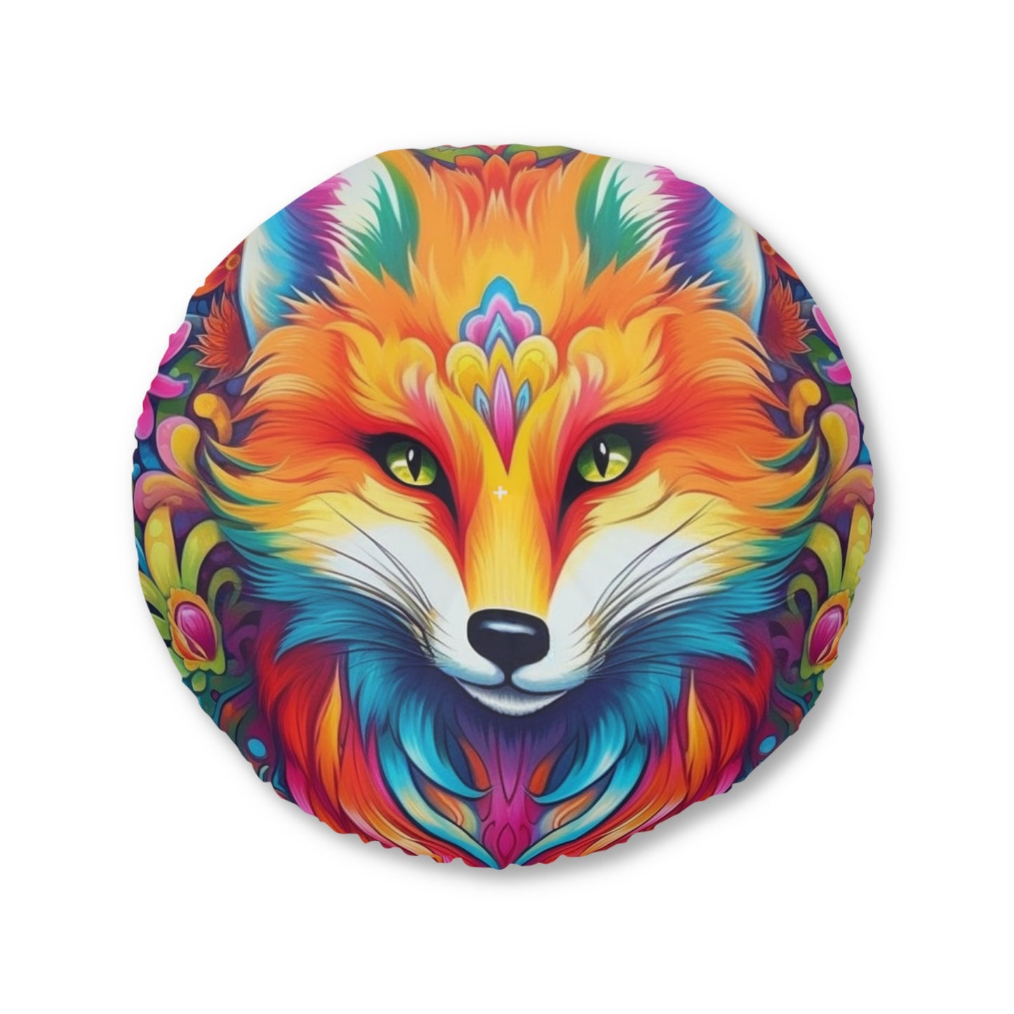 Vibrant & Colorful Fox Design - Unique and Eye-Catching - Tufted Floor Pillow, Round