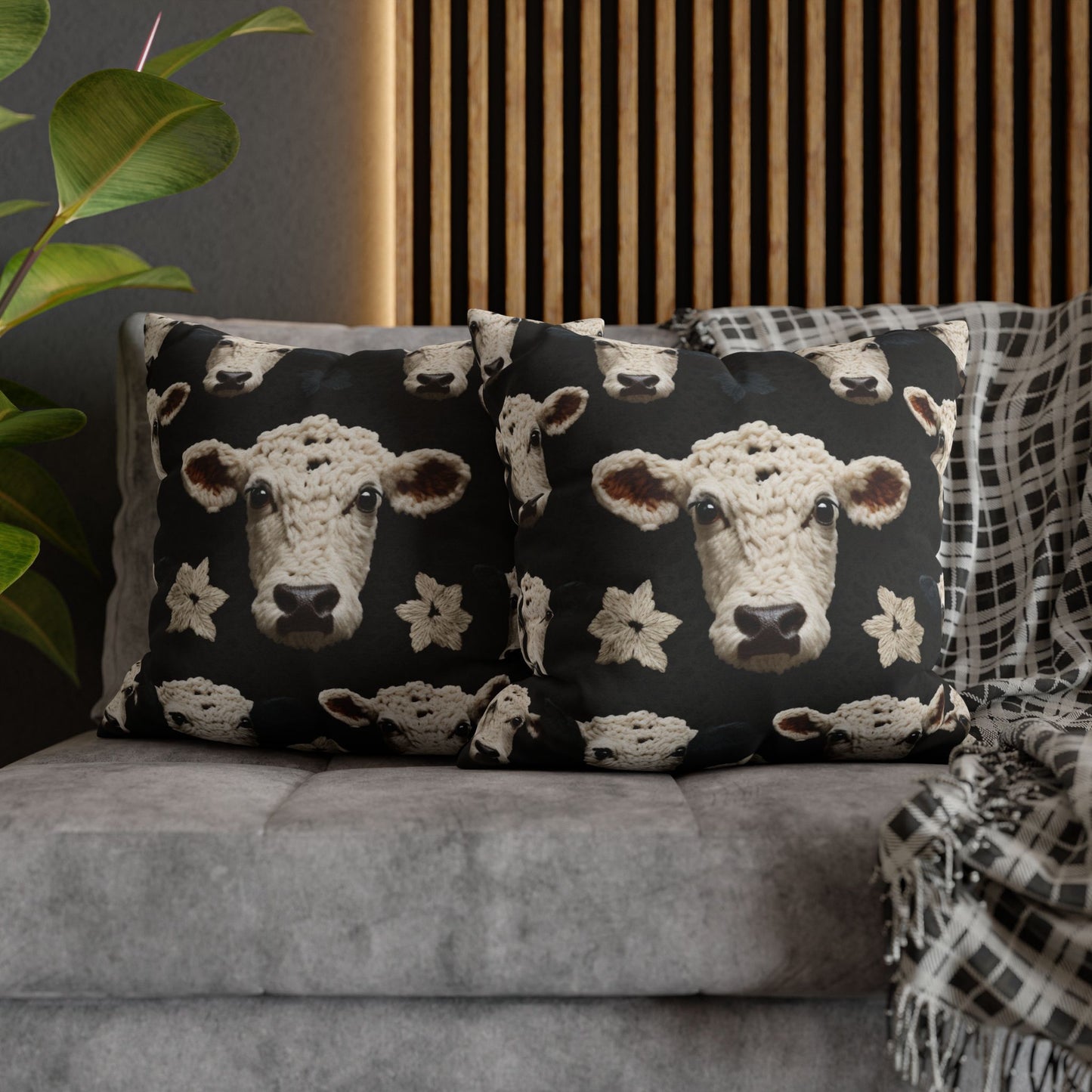 Crochet Cow Pattern Farm Animal Fabric Style - Spun Polyester Square Pillow Case