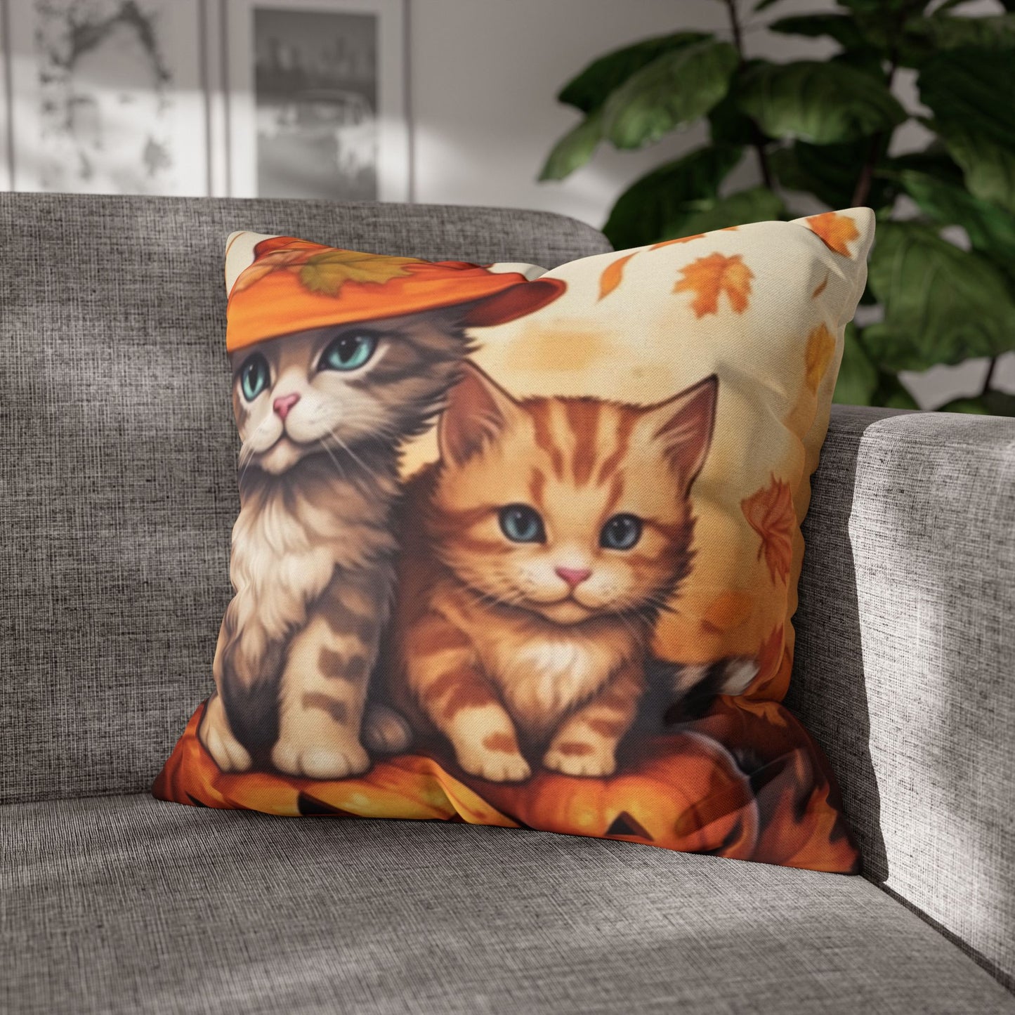 Kitty Cat Kittens Halloween - Cute Furries on Pumpkin - Festive Feline Decor - Spun Polyester Square Pillow Case