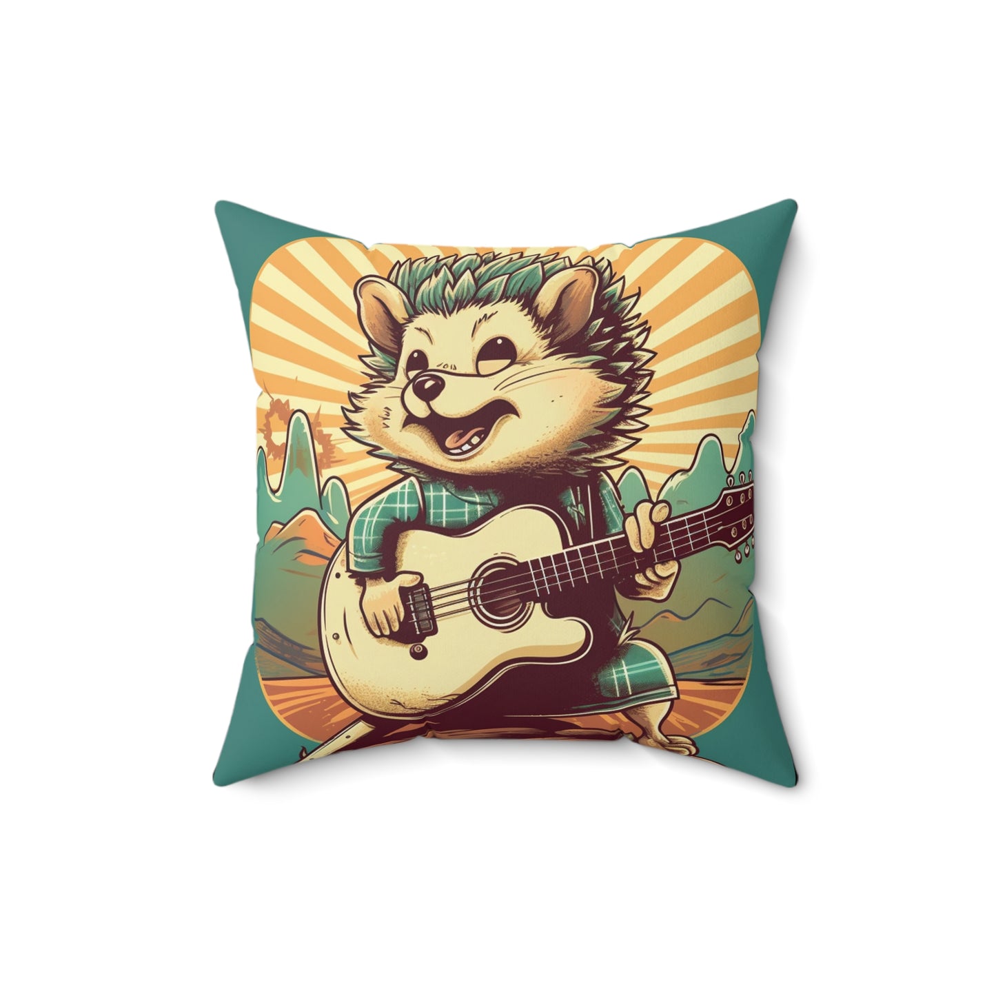 Hedgehog Old Style Classic Guitarist Digital Design Spun Polyester Square Pillow