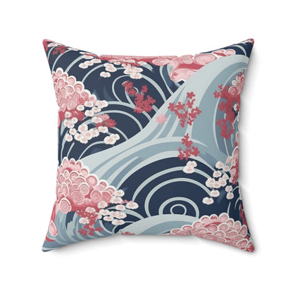 Japanese Minimalist Waves & Cherry Blossoms Pattern Spun Polyester Square Pillow