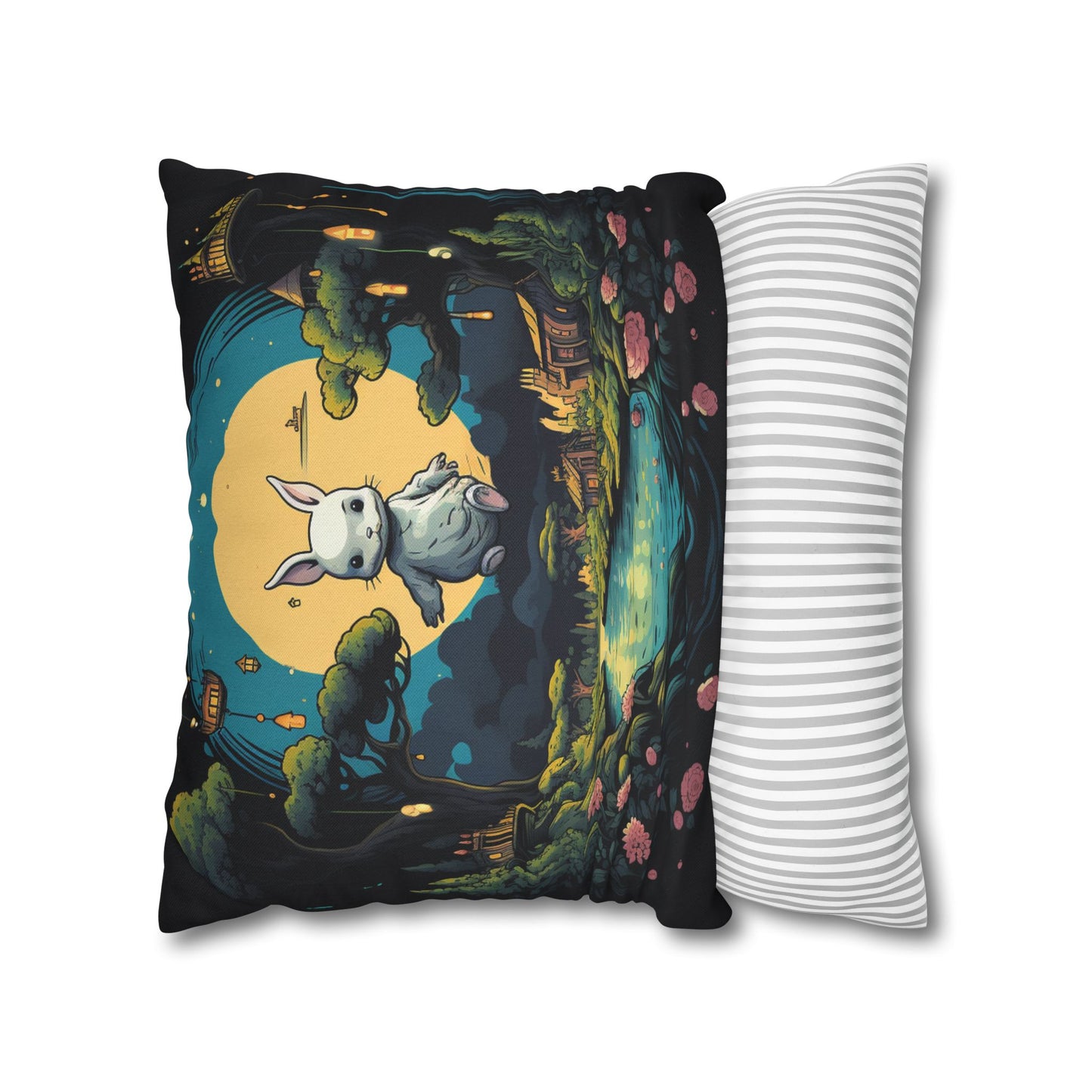 White Rabbit Mystery Psychedelic Fantasy Anime Cartoon Bunny - Spun Polyester Square Pillow Case