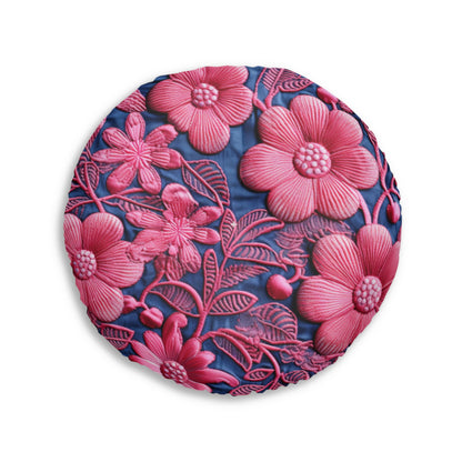 Denim Blue Doll Pink Floral Embroidery Style Fabric Flowers - Tufted Floor Pillow, Round