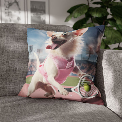 Chihuahua Tennis Ace: Dog Pink Outfit, Court Atheletic Sport Game - Spun Polyester Square Pillow Case