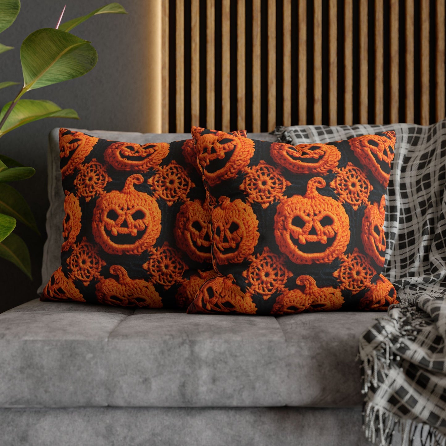 Halloween Crochet Pumpkin Scary Horror Festive Holiday Pattern - Spun Polyester Square Pillow Case