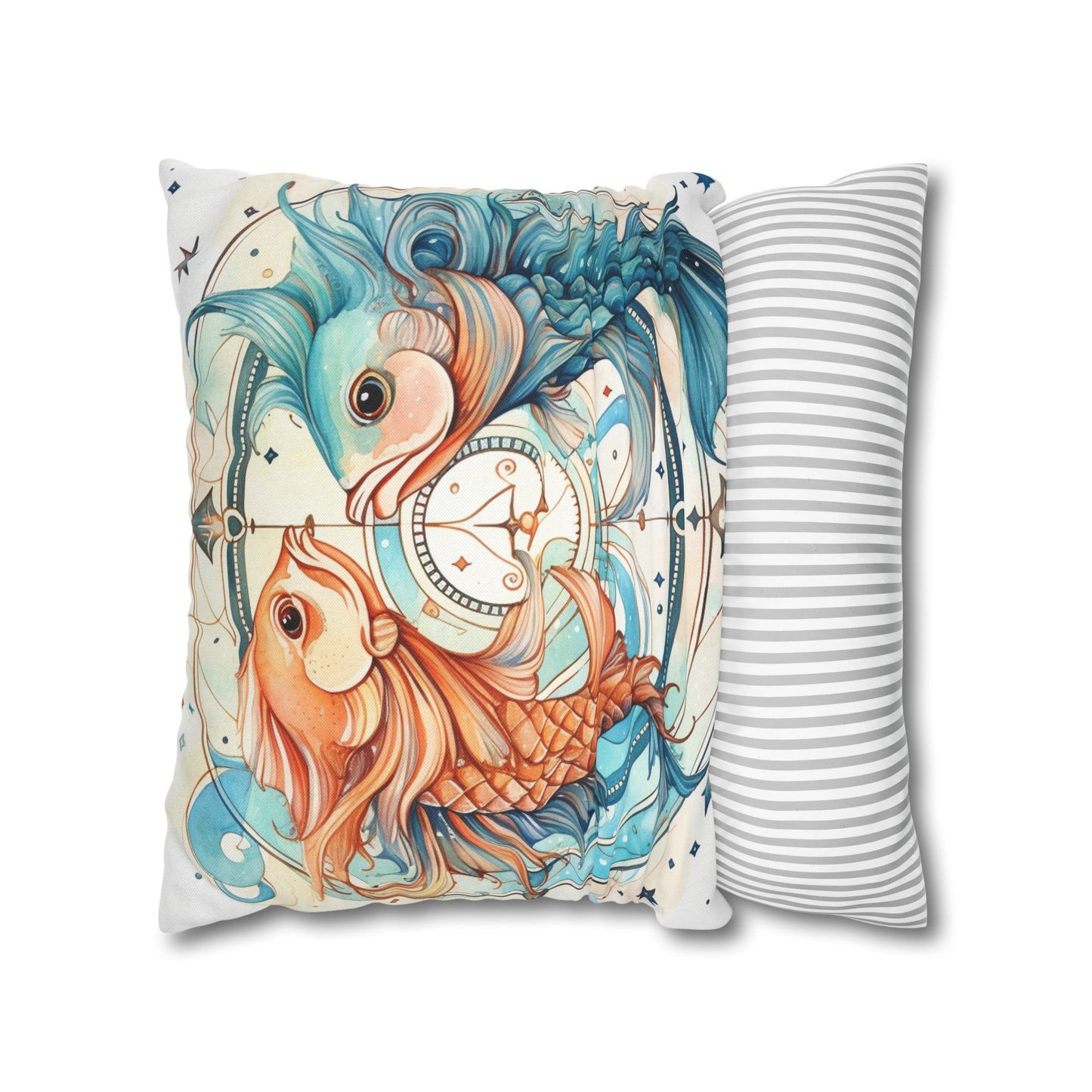 Pisces Zodiac Horoscope - Starry Watercolor & Ink, Hyper-Detailed Fish Spun Polyester Square Pillow Case