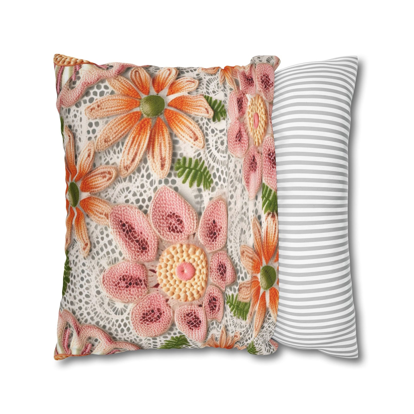 Floral Embroidered Eyelet: Delicate Flower Elegant Pattern - Spun Polyester Square Pillow Case