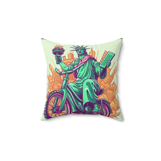 Statue of Liberty Cyclist Bike Rider American Graphic Spun Polyester Square Pillow