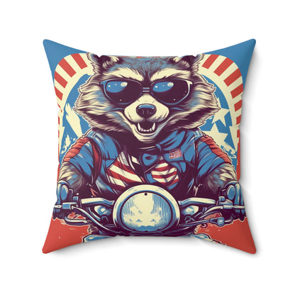 Raccoon Motorcycle Bike Rider Furry Animal Graphic Spun Polyester Square Pillow