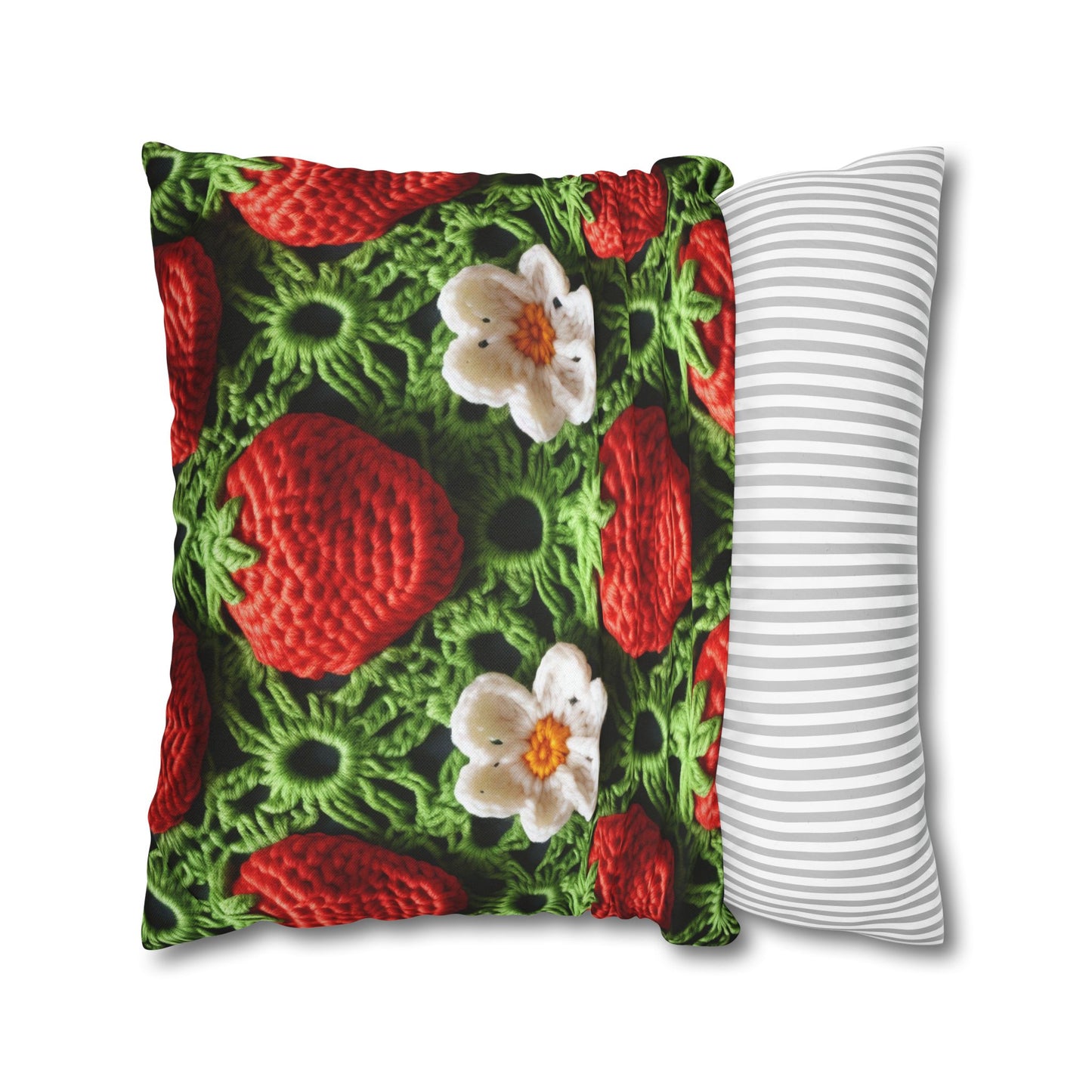 Strawberry Field Crochet - Forever Forest Greens - Fruit Berry Harvest Crop - Spun Polyester Square Pillow Case