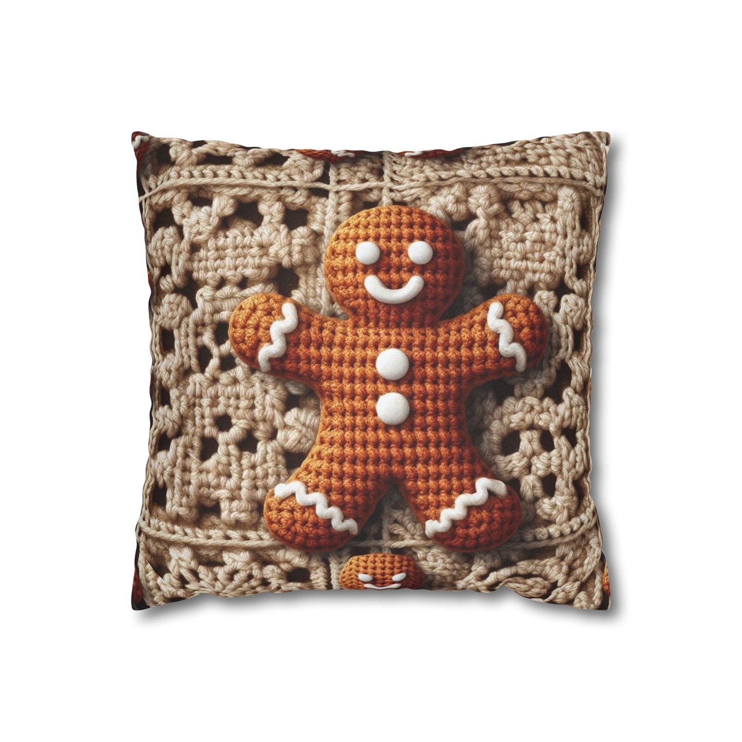 Rustic Gingerbread Delights: Christmas Crochet Gingerbread Men on Classic Beige Granny Squares - Spun Polyester Square Pillow Case