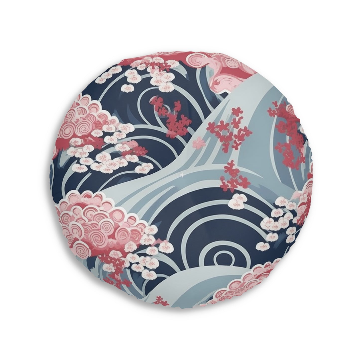 Japanese Minimalist Waves & Cherry Blossoms Pattern Tufted Floor Pillow, Round