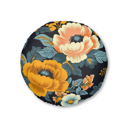 Vintage 50s 60s Inspired High-Waisted Floral Flower Pattern Tufted Floor Pillow, Round