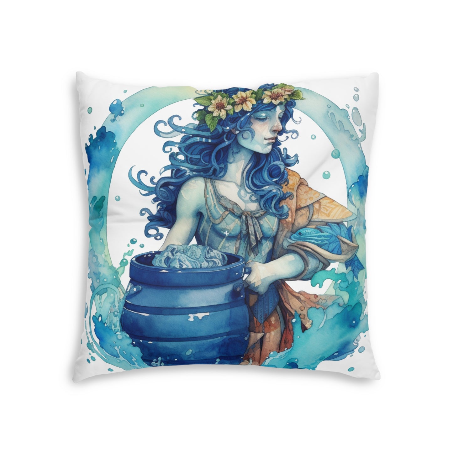 Artistic Aquarius Zodiac - Watercolor Water-Bearer Depiction - Tufted Floor Pillow, Square