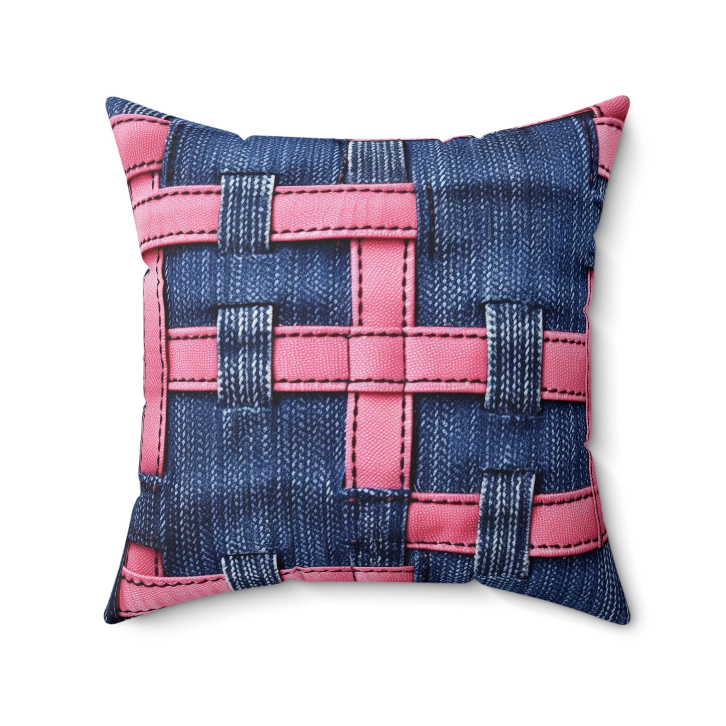 Candy-Striped Crossover: Pink Denim Ribbons Dancing on Blue Stage - Spun Polyester Square Pillow