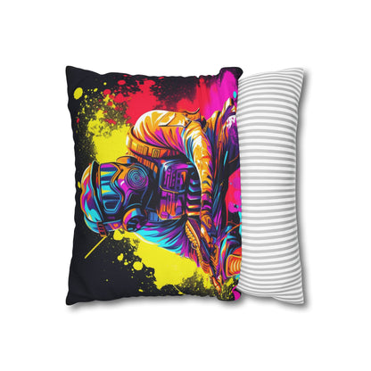 Paintball Action Sport: Player in Battle, Paint Splatter - Spun Polyester Square Pillow Case