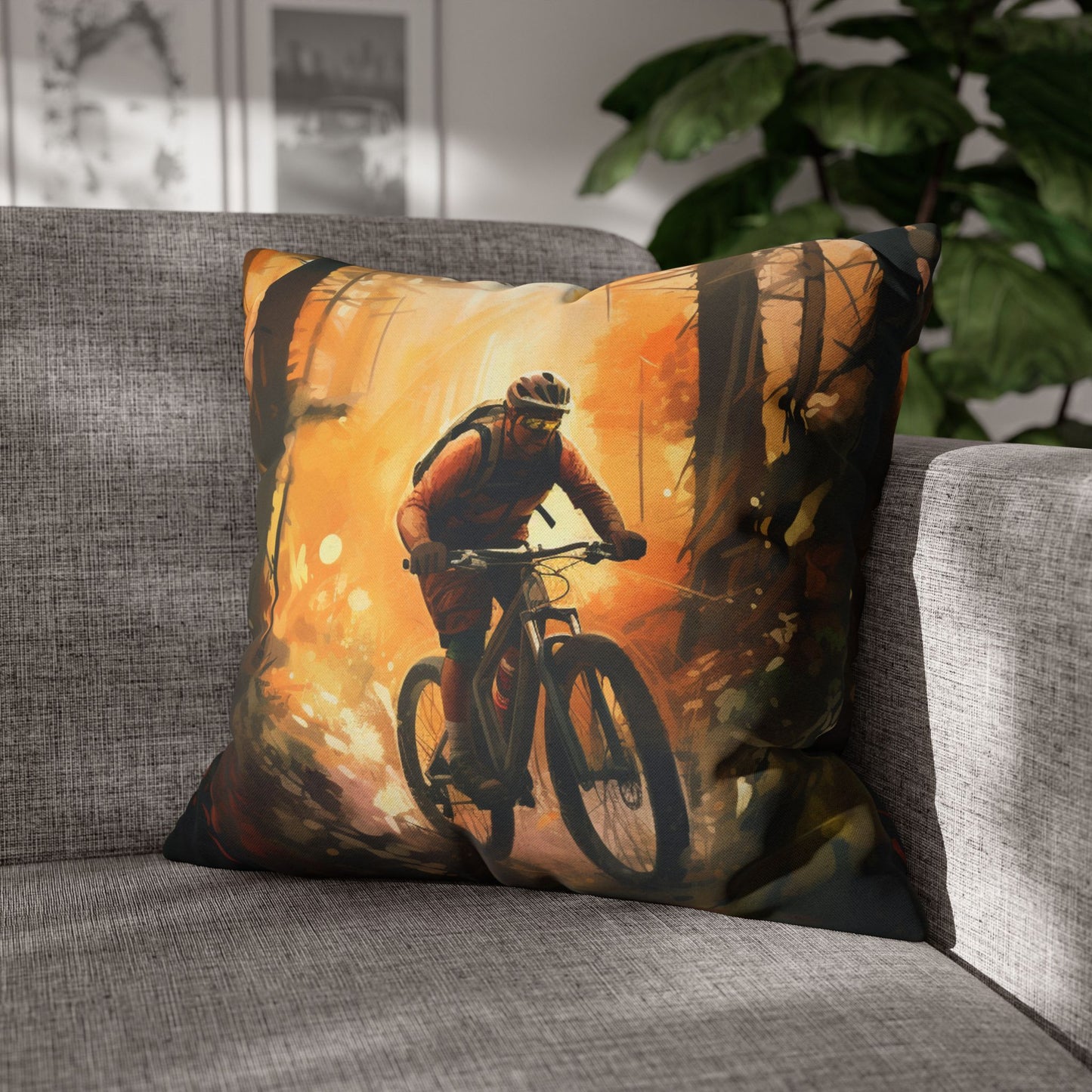 Mountain Bike Adventure - Forest Trail Graphic Spun Polyester Square Pillow Case