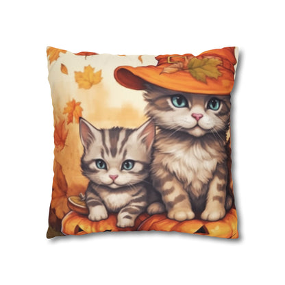 Kitty Cat Kittens Halloween - Cute Furries on Pumpkin - Festive Feline Decor - Spun Polyester Square Pillow Case