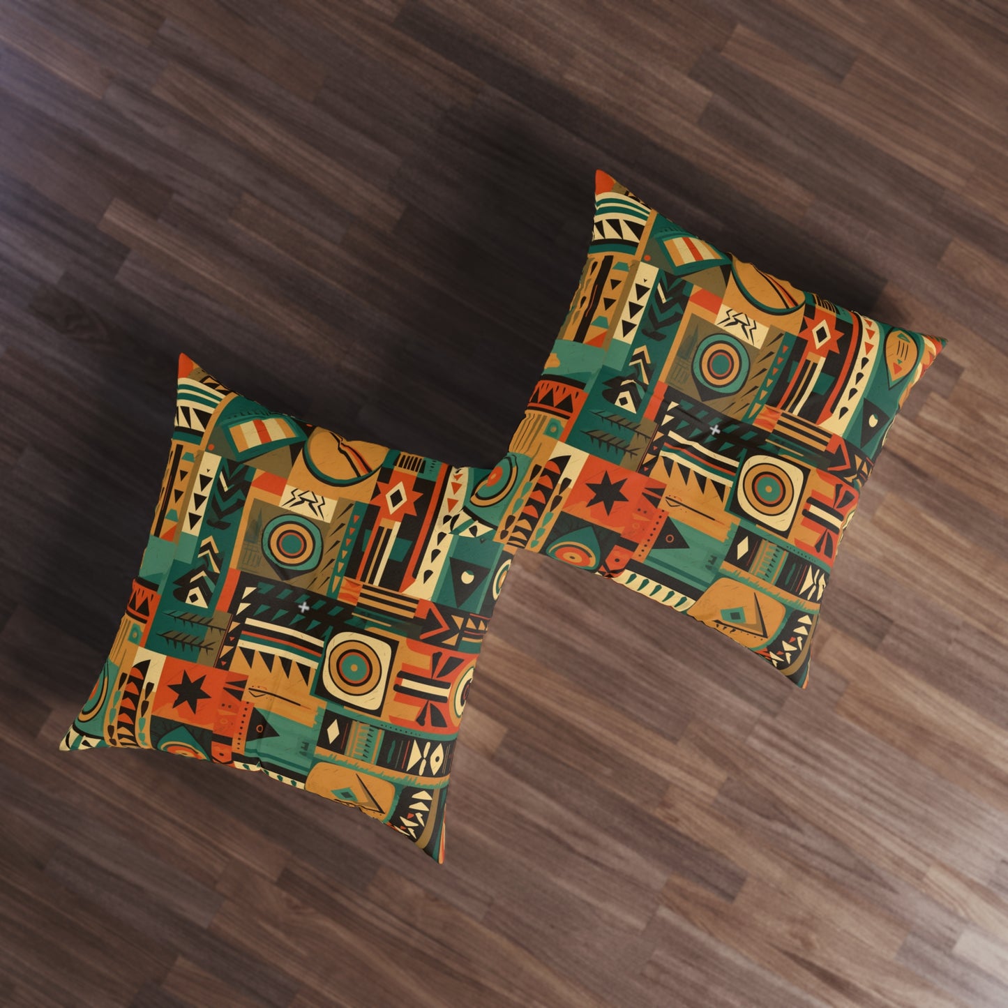 Earthy Tones Geometric Tribal-Inspired Pattern Design Tufted Floor Pillow, Square