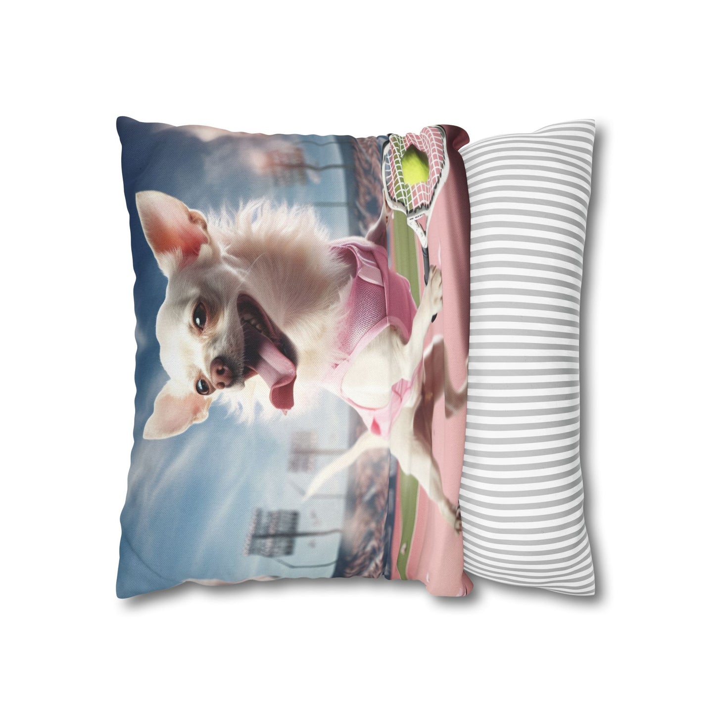 Chihuahua Tennis Ace: Dog Pink Outfit, Court Atheletic Sport Game - Spun Polyester Square Pillow Case