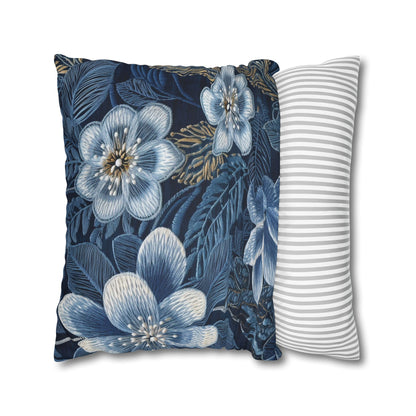 Flower Blossom Embroidery Floral on Denim Style - Spun Polyester Square Pillow Case